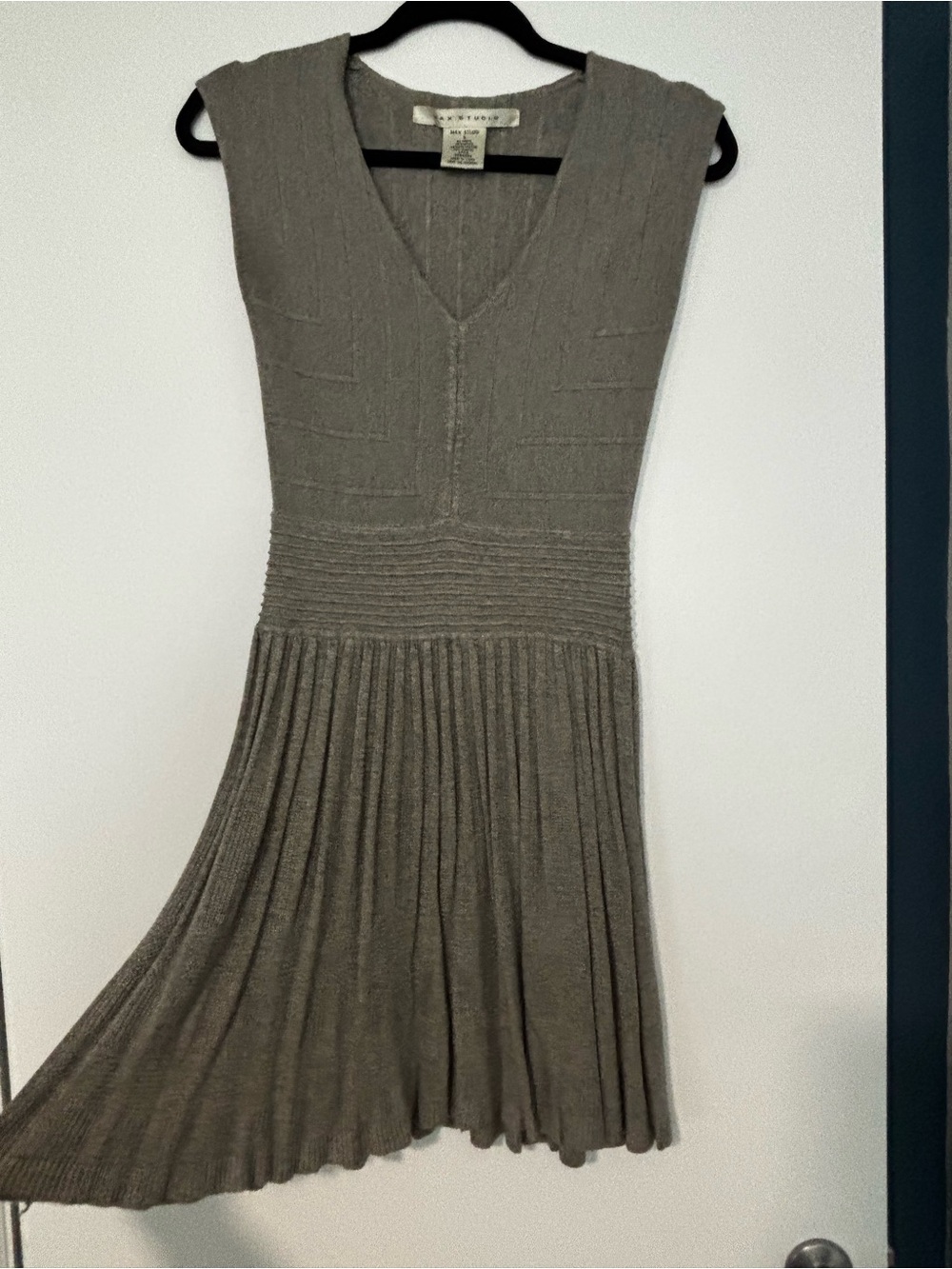 Max Studio Grey V-Neck Knit Dress with Pleated Skirt